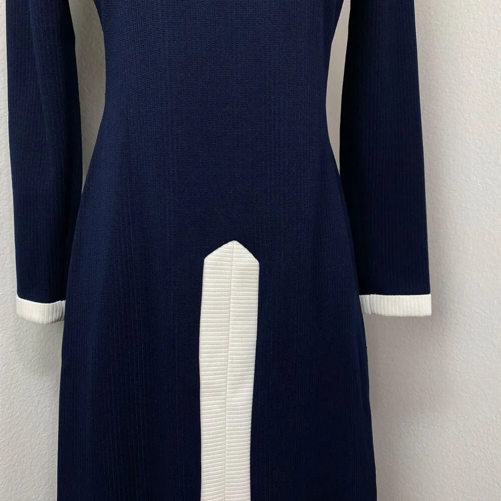 Vintage 70s Navy Blue Ribbed Knit Maxi Dress White Trim Med Dark Academia Boho